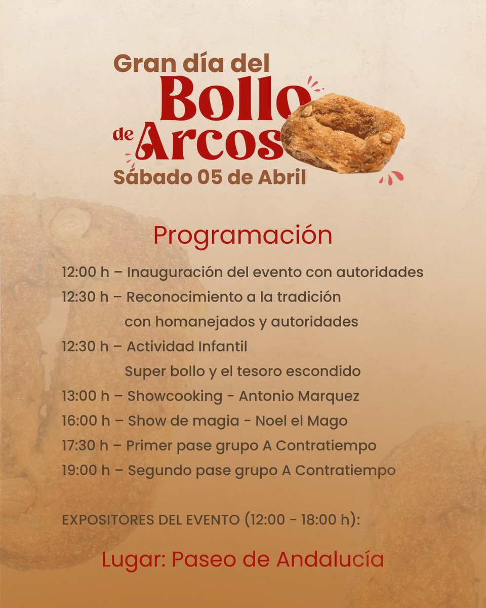 ¡El Gran Día del Bollo de Arcos está por llegar!
Este sábado 5 de abril, el Paseo de Andalucía se llenará de sabor, tradición y diversión con un evento único que rinde homenaje a nuestro icónico Bollo de Semana Santa. 📷