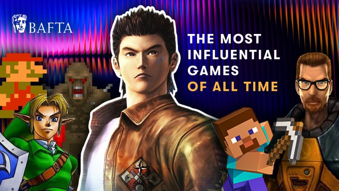 BAFTA's Top 21 Most Influential Video Game Of All Time

1. Shenmue
2. Doom
3. Super Mario Bros.
4. Half-Life
5. Zelda Ocarina of Time
6. Minecraft
7. Kingdom Come: Deliverance 2
8. Super Mario 64
9. Half-Life 2
10. The Sims
11. Tetris
12. Tomb Raider
13. Pong
14. Metal Gear Solid