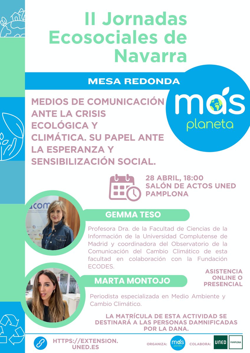 El día 28 de este mes ¡Nos vemos en Pamplona! Gracias a Más Planeta y a la UNED por contar con el Observatorio. Será un placer conversar con <a href="/martamontojo/">Marta Montojo</a> sobre cómo contribuir a combatir la crisis climática desde la Comunicación.