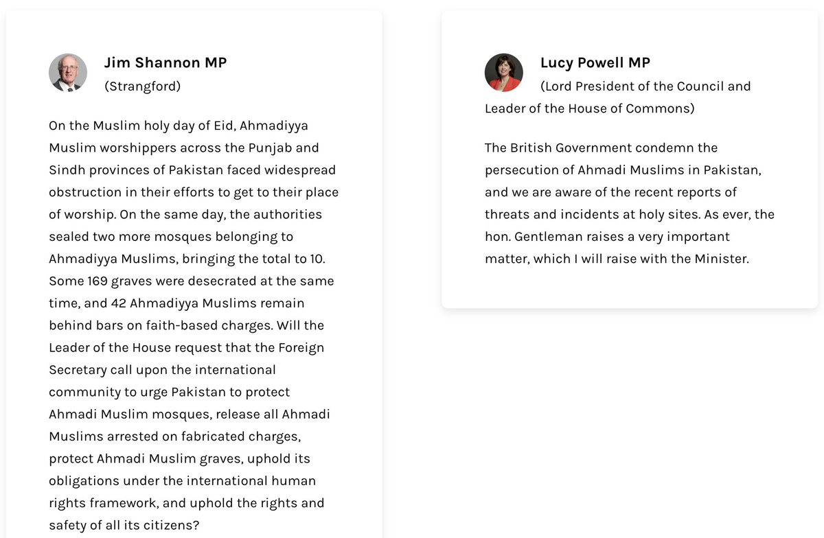 Yesterday, <a href="/JimShannonMP/">Jim Shannon MP</a> raised the ongoing persecution of #Ahmadi #Muslims in #Pakistan, including mosque closures during #Eid, grave desecrations &amp; unjust imprisonments. We welcome his call for urgent international action and the UK Government’s commitment to raise the matter.