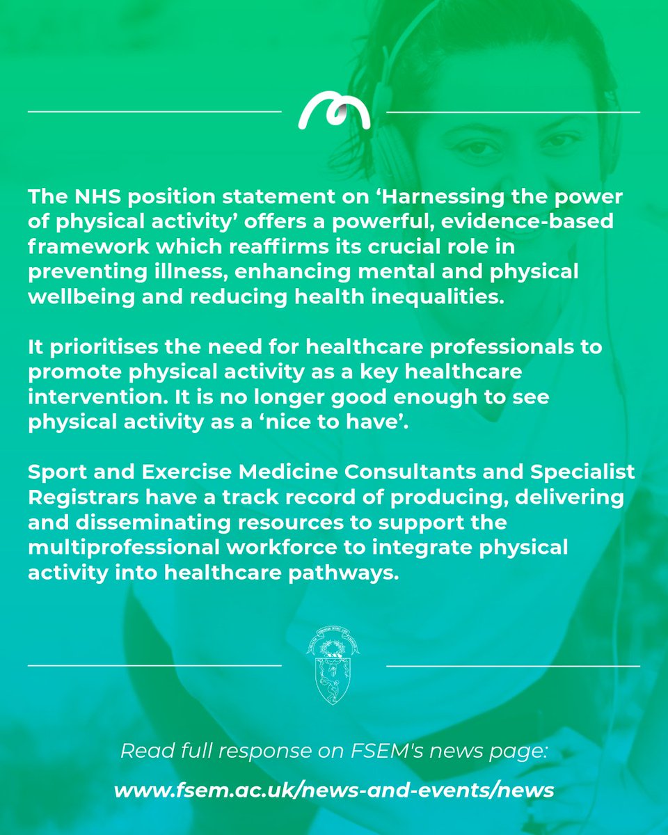 The NHS statement highlights the importance of integrating physical activity into routine patient care, and Moving Medicine provides high-quality, evidence-based learning materials. Together, we can make every contact count for better health outcomes. 

fsem.ac.uk/news/integrati…