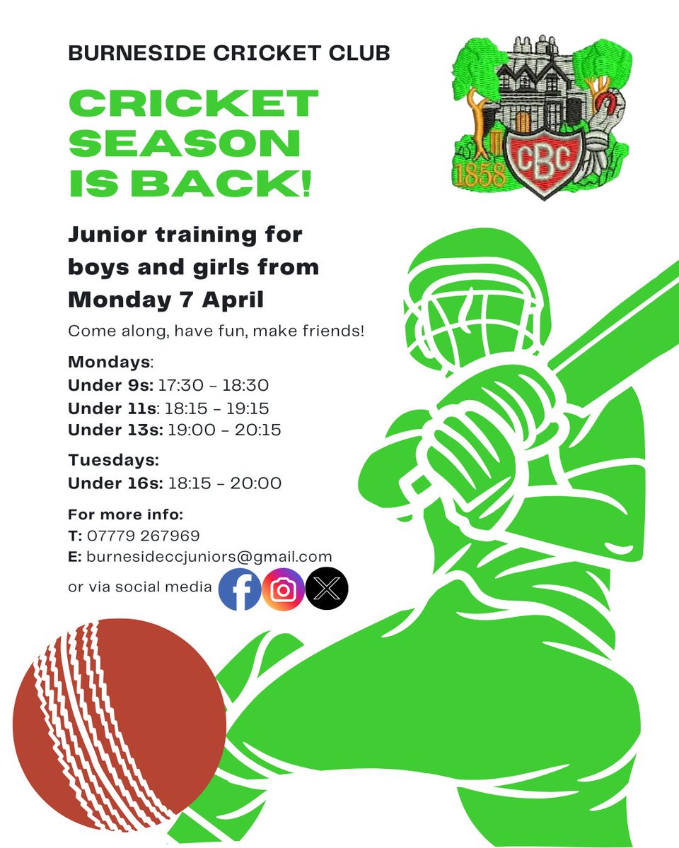 Here cones the summer!! Training starts for juniors next week. Please see the flyer for times, etc. Any questions feel free to get in touch!! ☀️🏏😎