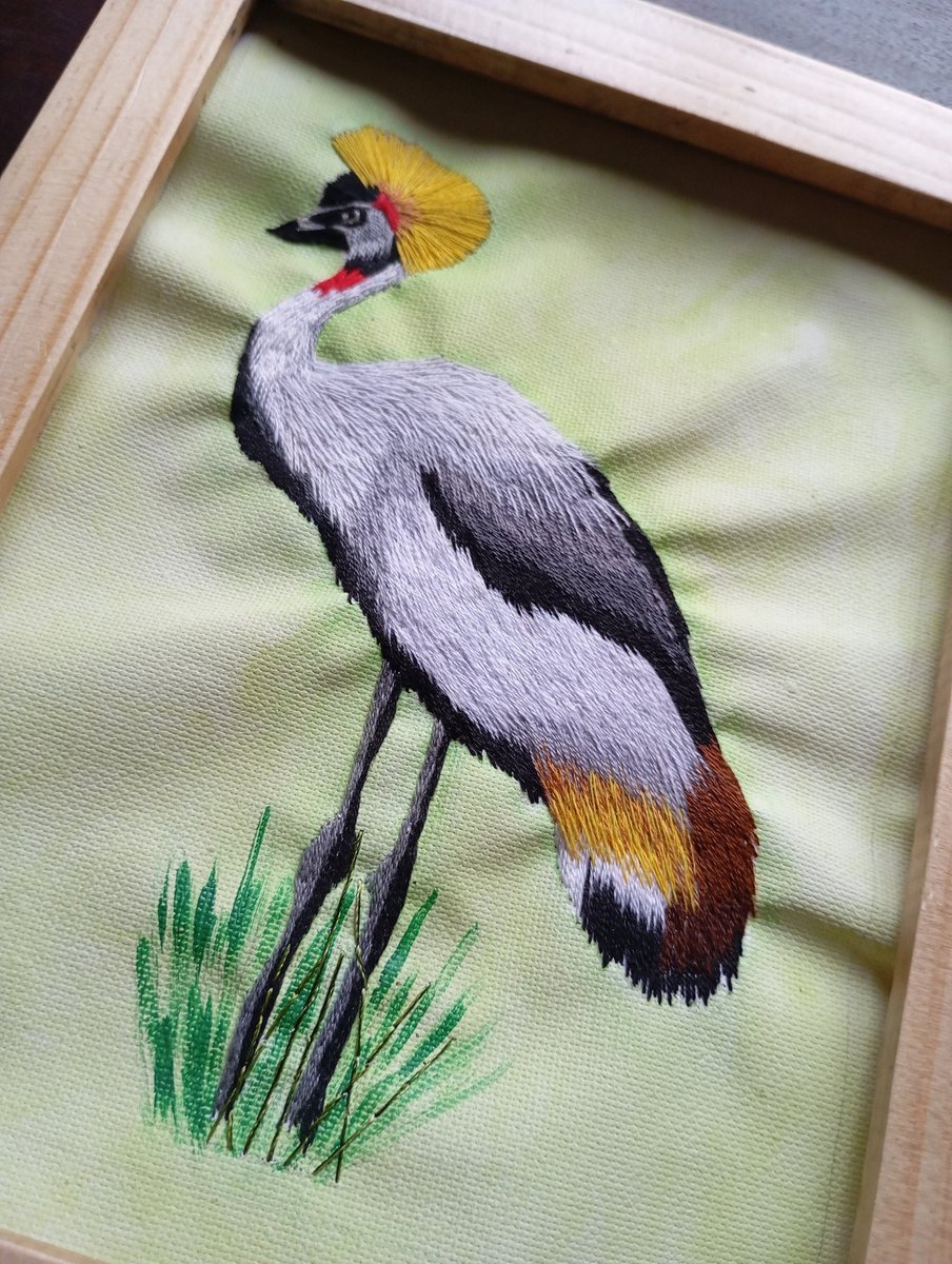 karegiann's tweet image. Can comfortably showoff the grey crowned crane...my mistake was not using a hoop or frame to stretch out the fabric but other than that everything else is perfect especially the blending of the colors. #embroidery
#threadpainting