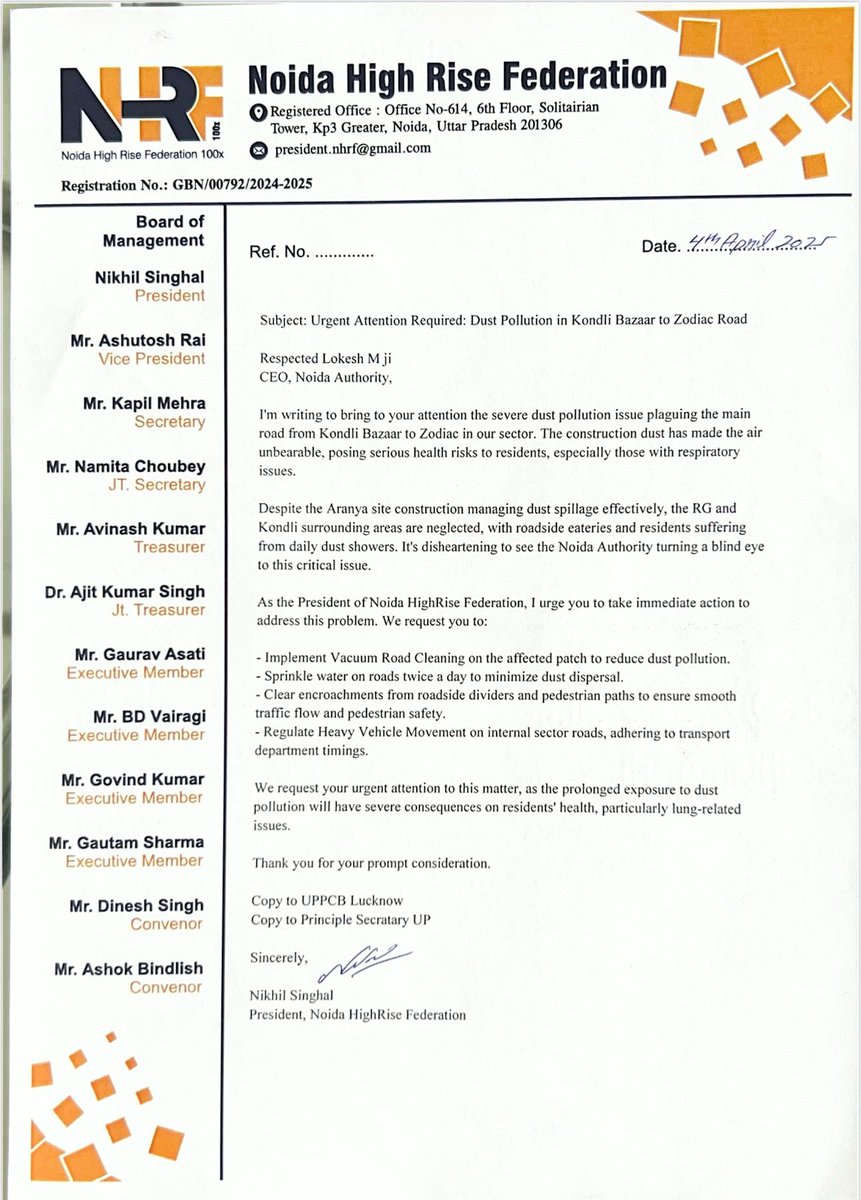 Noida High Rise Federation 100x (@nhrf100x) on Twitter photo @CEO_NoidaAuthority <a href="/UPPCB/">satendra pratap sing</a>, <a href="/noida_authority/">NOIDA Authority</a> <a href="/NHL/">NHL</a> urgent attention needed! Residents of sectors 119 & 120 are struggling with pollution & dust due to construction & unauthorized vending zones. Letter attached. Please take immediate action @CEO_NoidaAuthority <a href="/UPPCB/">satendra pratap sing</a>, <a href="/noida_authority/">NOIDA Authority</a> <a href="/NHL/">NHL</a> urgent attention needed! Residents of sectors 119 & 120 are struggling with pollution & dust due to construction & unauthorized vending zones. Letter attached. Please take immediate action