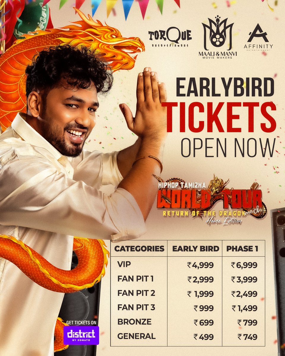 sakthitorqueent's tweet photo. Dragon ready! Madurai Neenga ready ah?🔥 - Exclusive Early Bird Offer LIVE!

🎟 Get tickets on @districtupdates - Link in Bio

@hiphoptamizha World Tour - Return of the Dragon Machi - Home Edition.!

Madurai - June 28,2025 | Velammal Grounds, Othakadai
#HiphopTamizhaWorldTour https://t.co/svICqIwle3