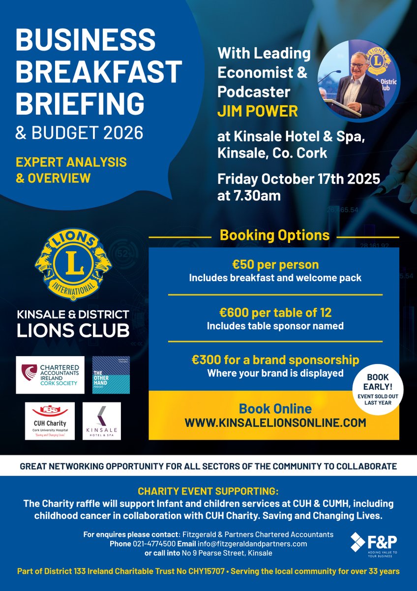 CUHCharity's tweet image. We are thrilled to be supported once again by the @KinsaleLions
Their 'Business Breakfast Briefing & Budget 2026' will take place on October 17th at the Kinsale Hotel & Spa. The funds raised from their Charity Raffle will benefit Children's Services in CUH & CUMH.