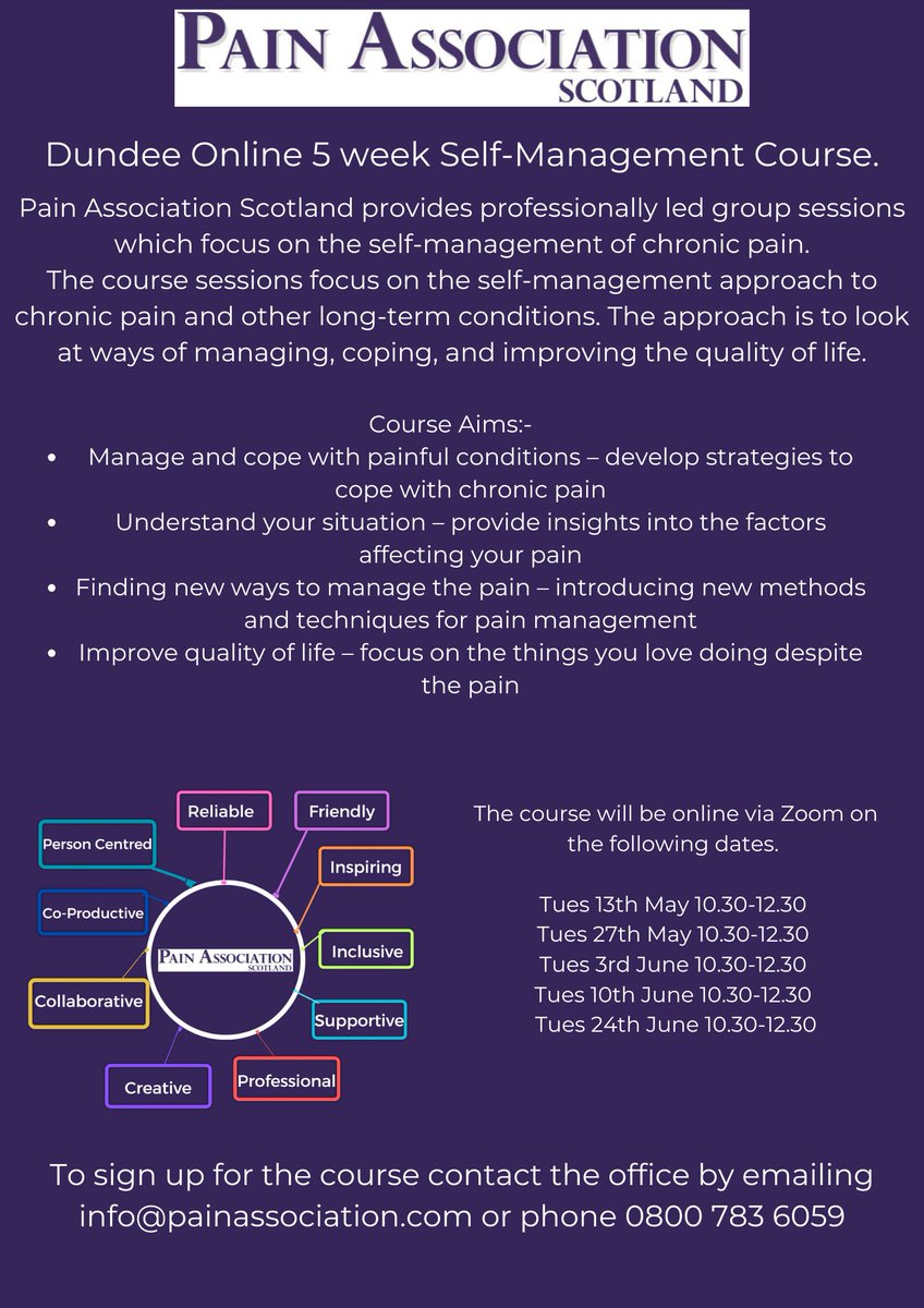 Pain Association (@painassocscot) on Twitter photo Our #Dundee Self-Management Course returns online in May.
More Details ⬇️ Sign up 🎟️ bit.ly/3G5GBv7
<a href="/SoniaCottom/">Prof Sonia Cottom</a> @nhstayside <a href="/carnoustiemed/">CarnoustieMedicalGrp</a> <a href="/DundeeCouncil/">Dundee City Council</a> <a href="/EndoDundee/">Endometriosis UK Dundee Support Group</a> <a href="/DundeeCityMgt/">Dundee City Centre</a> <a href="/ScotCLWnetwork/">Scottish Community Link Worker Network</a> <a href="/AdviceCentre_NW/">Ninewells Advice Centre</a> <a href="/alissprogramme/">ALISS</a> Our #Dundee Self-Management Course returns online in May.
More Details ⬇️ Sign up 🎟️ bit.ly/3G5GBv7
<a href="/SoniaCottom/">Prof Sonia Cottom</a> @nhstayside <a href="/carnoustiemed/">CarnoustieMedicalGrp</a> <a href="/DundeeCouncil/">Dundee City Council</a> <a href="/EndoDundee/">Endometriosis UK Dundee Support Group</a> <a href="/DundeeCityMgt/">Dundee City Centre</a> <a href="/ScotCLWnetwork/">Scottish Community Link Worker Network</a> <a href="/AdviceCentre_NW/">Ninewells Advice Centre</a> <a href="/alissprogramme/">ALISS</a>