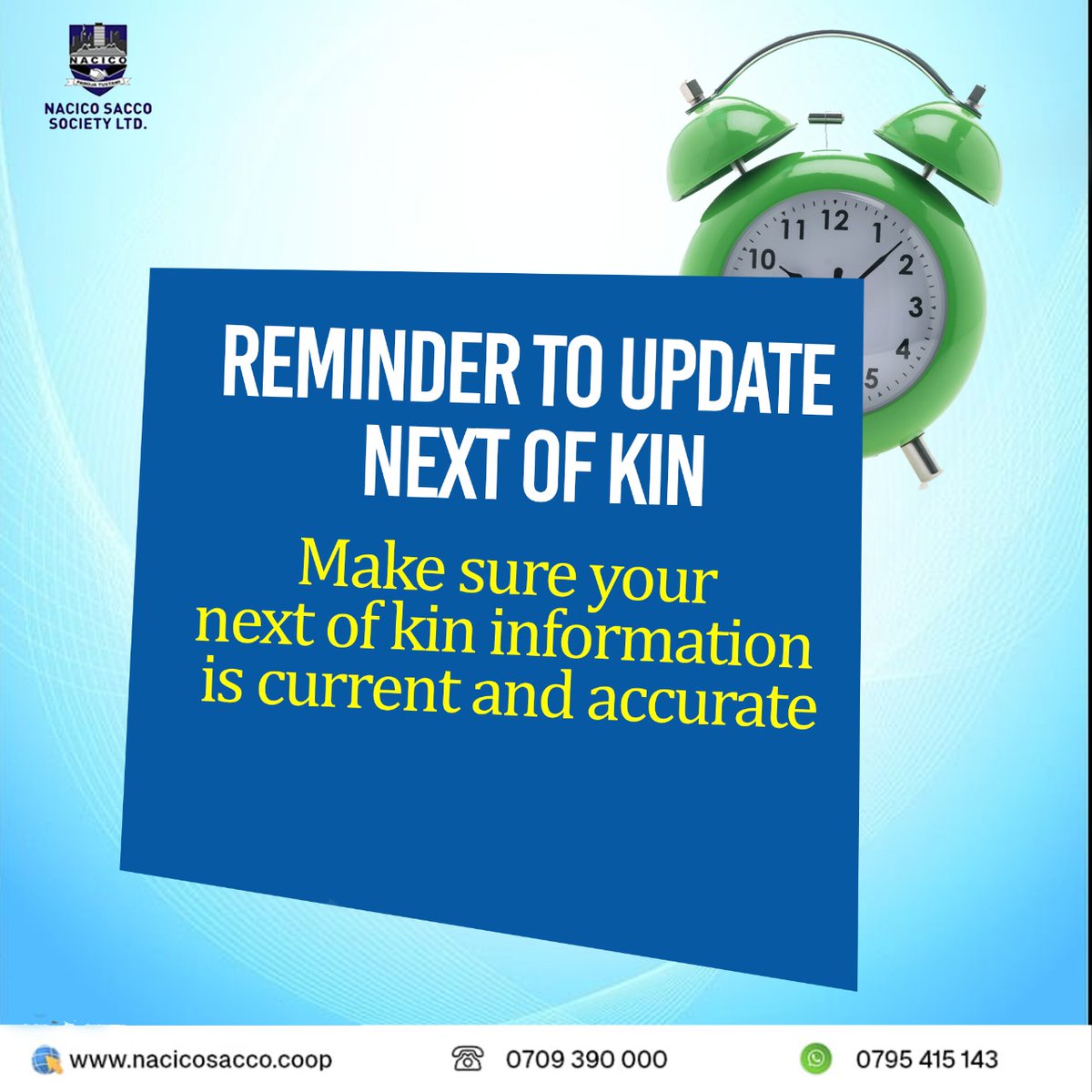 Take a moment to secure your loved ones' future by updating your Next of Kin details with us.

Keeping your records up to date ensures that your shares go to the right person in case of unforeseen circumstances. Contact us today or visit any of our branches.
#UpdateYourNextOfKin