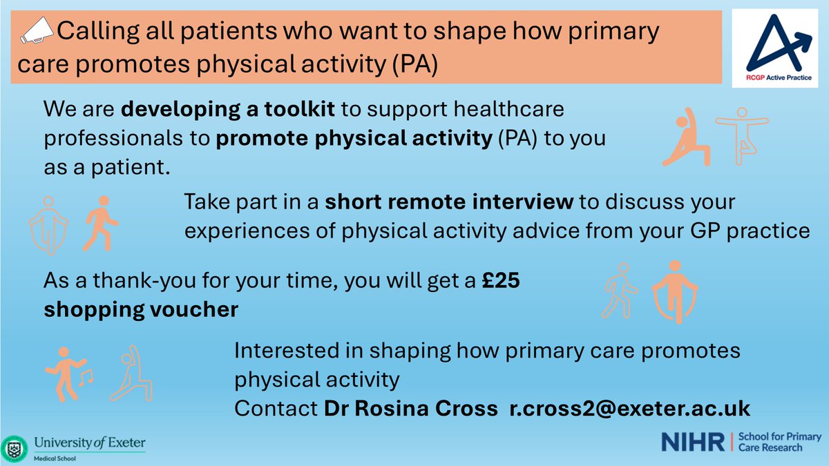 Dr Rosina Cross π¬π§π―π² (@rosinaacross) on Twitter photo Are you a patient? Want to shape #physicalactivity promotion in #primarycare? Take part in a short interview to discuss your experiences of PA promotion. Receive a Β£25 thank you voucher Interested? Contact Dr Rosina Cross π© r.cross2@exeter.ac.uk Are you a patient? Want to shape #physicalactivity promotion in #primarycare? Take part in a short interview to discuss your experiences of PA promotion. Receive a Β£25 thank you voucher Interested? Contact Dr Rosina Cross π© r.cross2@exeter.ac.uk