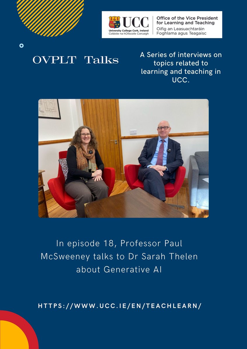 UCC Learning and Teaching (@ovpltucc) on Twitter photo OVPLT Talks are back! <a href="/sjthelen/">Dr Sarah Thelen</a> talks Generative AI with <a href="/McSweeneyProf/">Paul McSweeney</a> in this episode. These Talks are a series of interviews on topics related to learning and teaching in UCC. #LearningandTeaching #AI #GenerativeAI #OVPLTTalks
OVPLT Talks Generative AI OVPLT Talks are back! <a href="/sjthelen/">Dr Sarah Thelen</a> talks Generative AI with <a href="/McSweeneyProf/">Paul McSweeney</a> in this episode. These Talks are a series of interviews on topics related to learning and teaching in UCC. #LearningandTeaching #AI #GenerativeAI #OVPLTTalks
OVPLT Talks Generative AI