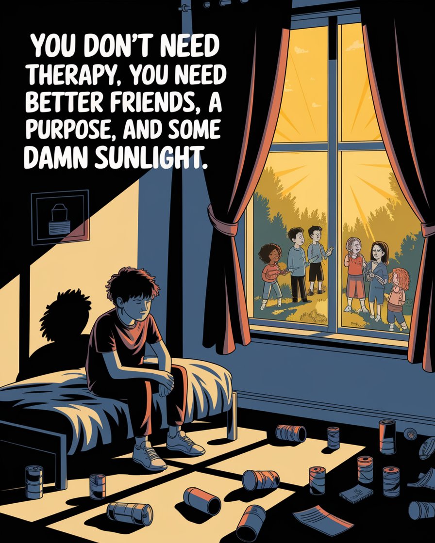 kyle_kudrna's tweet photo. “You don’t need therapy. You need better friends, a purpose, and some damn sunlight.” #MentalClarity #RealTalk #PurposeOverPain #ToughLove #HealingVibes #SunlightHeals #TruthHurts #FixYourCircle #LifeShift #MindsetMatters #CutTheNoise #ChooseGrowth #ComfortIsTheEnemy #GetOutside https://t.co/KhuX4Wdc4B