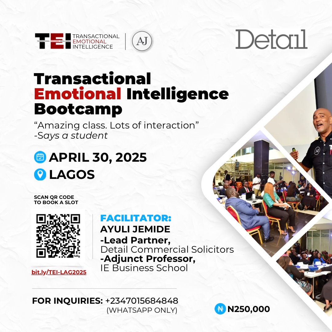 Join our Lead Partner, <a href="/JemideAyuli/">Ayuli Jemide</a>, for another enlightening experience as he facilitates the Transactional Emotional Intelligence (TEI) Bootcamp.
 
This hands-on session is designed to help you master the interpersonal aspects of transactions, ensuring smoother deals and more