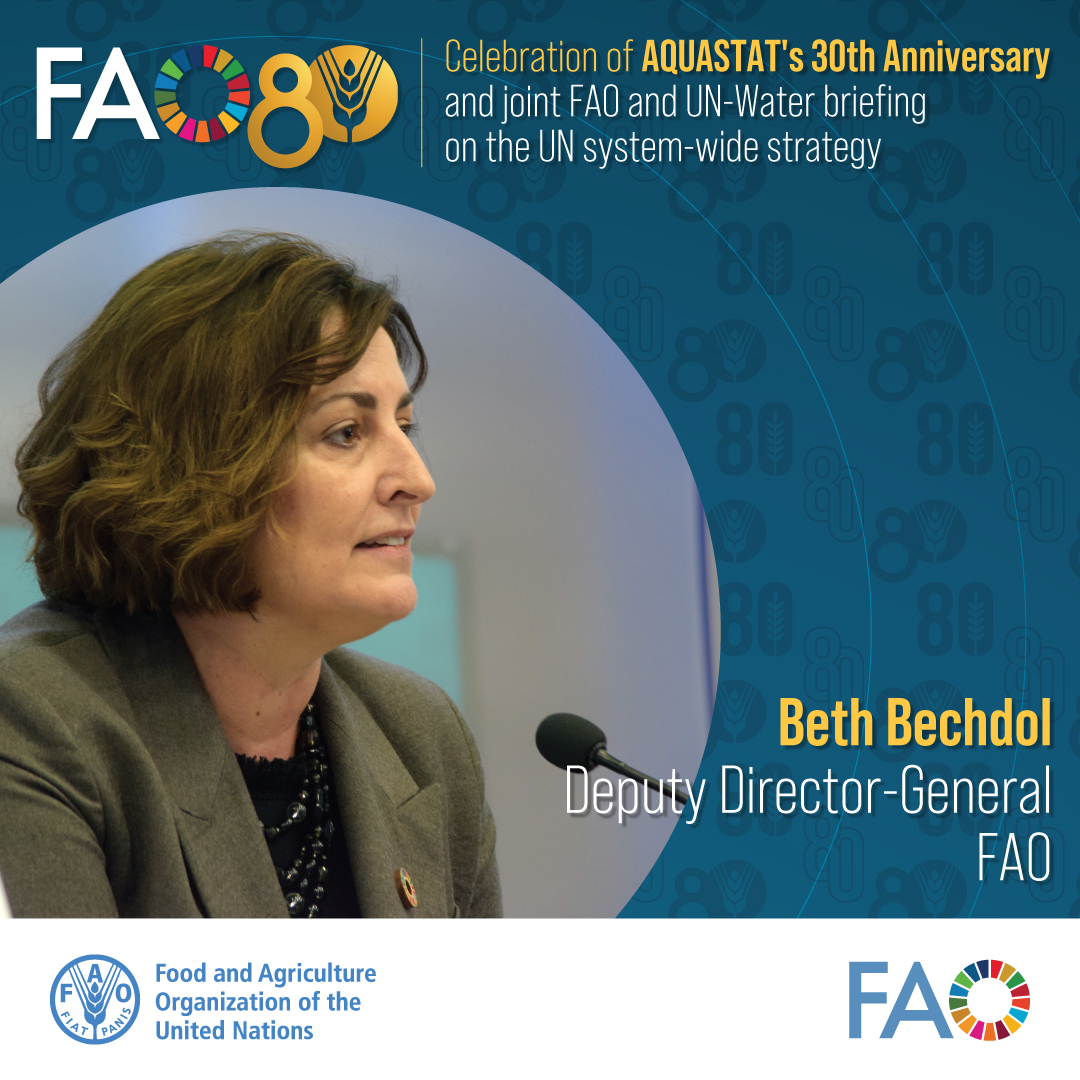 FAO Land, Soil and Water (@faolandwater) on Twitter photo "On both the 30th anniversary of #AQUASTAT & the 80th anniversary of FAO, I encourage all Members of all UN-agencies to work together to prioritize water & to value it as a public good. This is critical to save water & feed the world" <a href="/BethBechdol/">Beth Bechdol</a>, Deputy Director-General #FAO80 "On both the 30th anniversary of #AQUASTAT & the 80th anniversary of FAO, I encourage all Members of all UN-agencies to work together to prioritize water & to value it as a public good. This is critical to save water & feed the world" <a href="/BethBechdol/">Beth Bechdol</a>, Deputy Director-General #FAO80