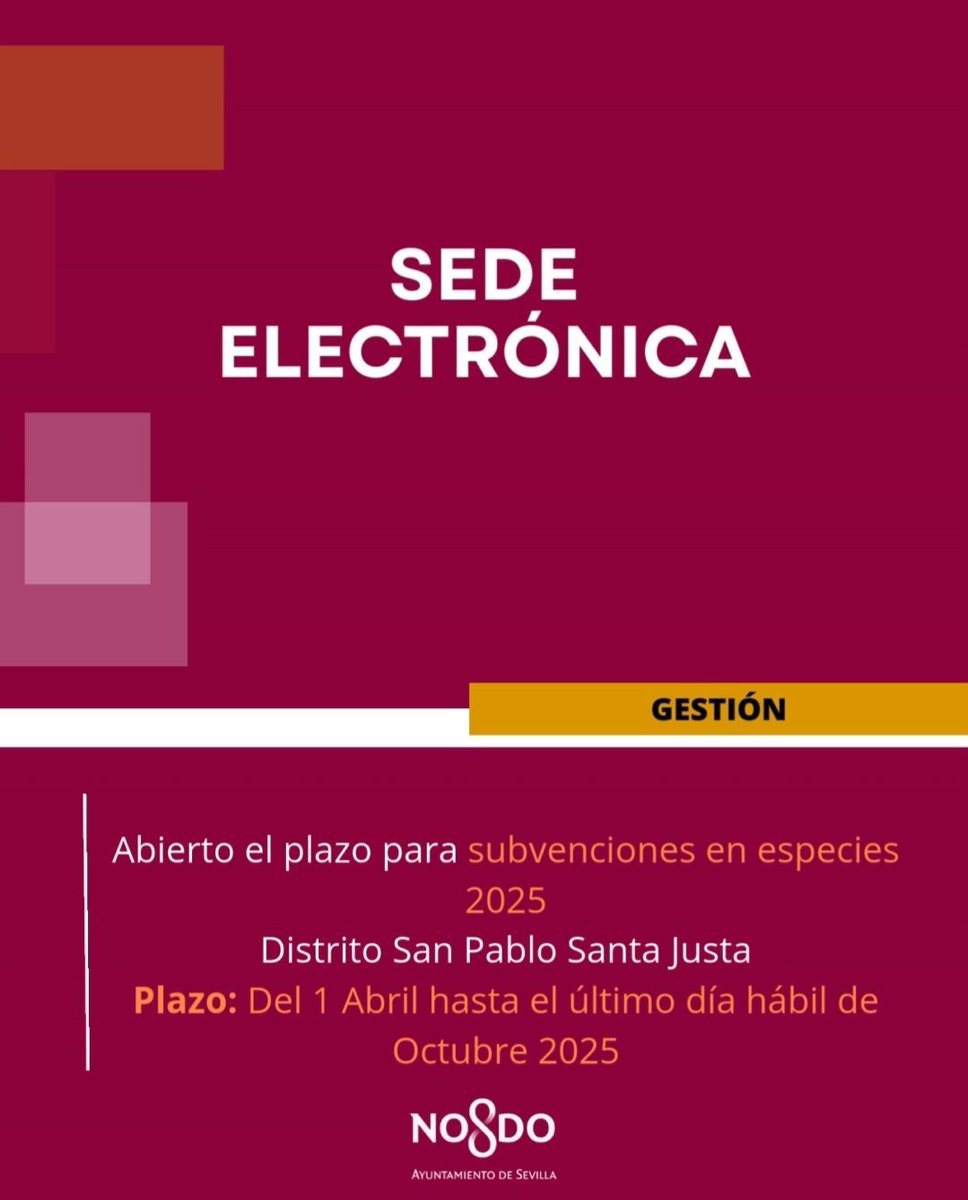 📢 Ya está abierto el plazo de solicitud para las subvenciones en especies 2025.

📆 Plazo: Del 1 Abril hasta el último día hábil de Octubre 2025

ℹ️ Más información ⬇️⬇️⬇️
sede.sevilla.org/oficina/tramit…

#DistritoSanPabloSantaJusta