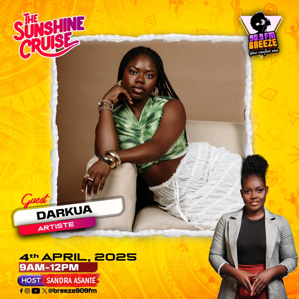 🔥 Just a Few Hours Away! 🔥

Get ready as the fast-rising star <a href="/Darkuaaaa/">DARKUA🌟</a> joins Sandra Asante on #TheSunshineCruise on Breeze 90.9FM! 🌞

In just a few hours, we bring you pure vibes, fresh music, and exclusive insights you don’t want to miss! Stay locked in! 

#breeze909fm