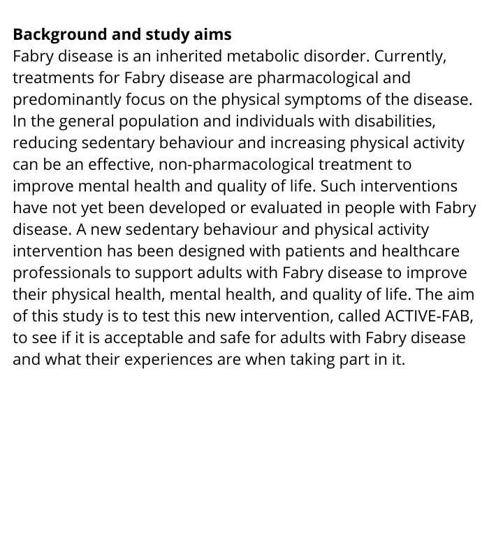 ISRCTN: the UK's Clinical Study Registry (@isrctn) on Twitter photo The ACTIVE-FAB intervention to reduce sitting time and increase physical activity in adults with Fabry disease
Read about the new study by <a href="/DrDanielBailey/">Daniel Bailey</a> registered at #ISRCTN
isrctn.com/ISRCTN56817683 The ACTIVE-FAB intervention to reduce sitting time and increase physical activity in adults with Fabry disease
Read about the new study by <a href="/DrDanielBailey/">Daniel Bailey</a> registered at #ISRCTN
isrctn.com/ISRCTN56817683