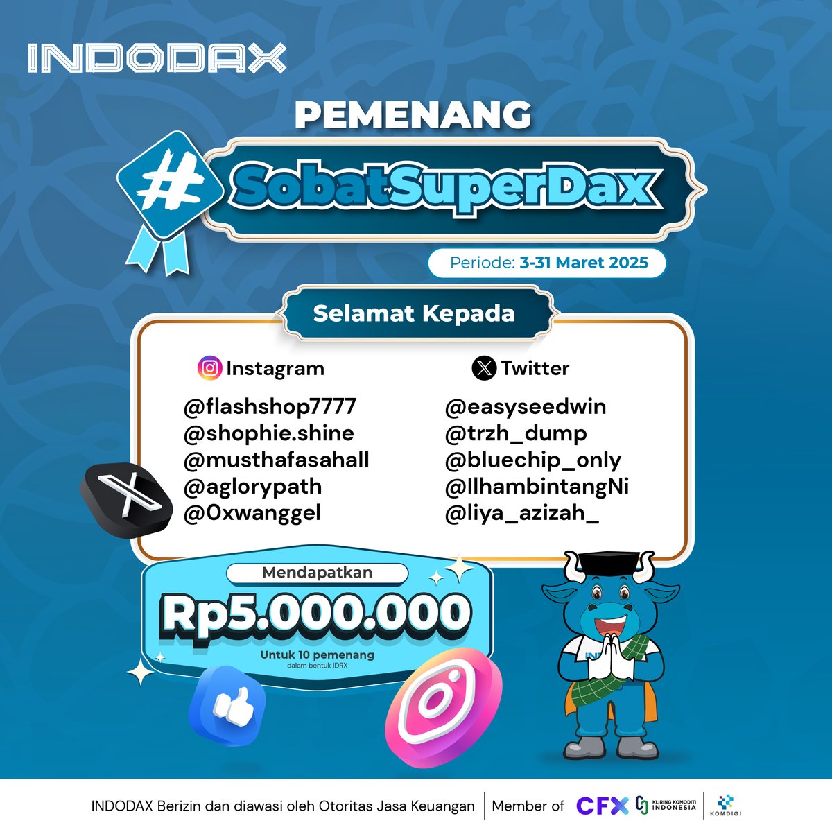 Selamat kepada pemenang #SobatSuperDAX (3-31 Maret 2025) di Instagram dan Twitter yang mendapatkan hadiah total Rp5.000.000 dalam bentuk IDRX untuk 10 pemenang

Pemenang akan dihubungi oleh tim kami melalui social media resmi <a href="/indodax/">indodax</a>.

Terima kasih kepada seluruh peserta yang