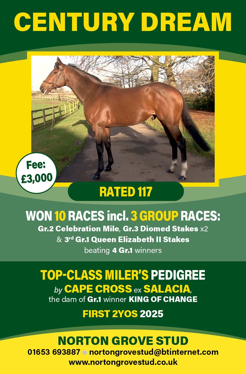 🟢 <a href="/StudGrove/">Norton Grove Stud</a>'s CENTURY DREAM - First 2YOs in 2025 🟢

✔️ Won 10 races incl. 3 Group races
✔️ 3rd in the Gr.1 Queen Elizabeth II Stakes
✔️ Top-class miler's pedigree - by Cape Cross ex Salacia (the dam of Gr.1 winner King Of Change)

Fee: £3,000

Visit ➡️ nortongrovestud.com/century-dream