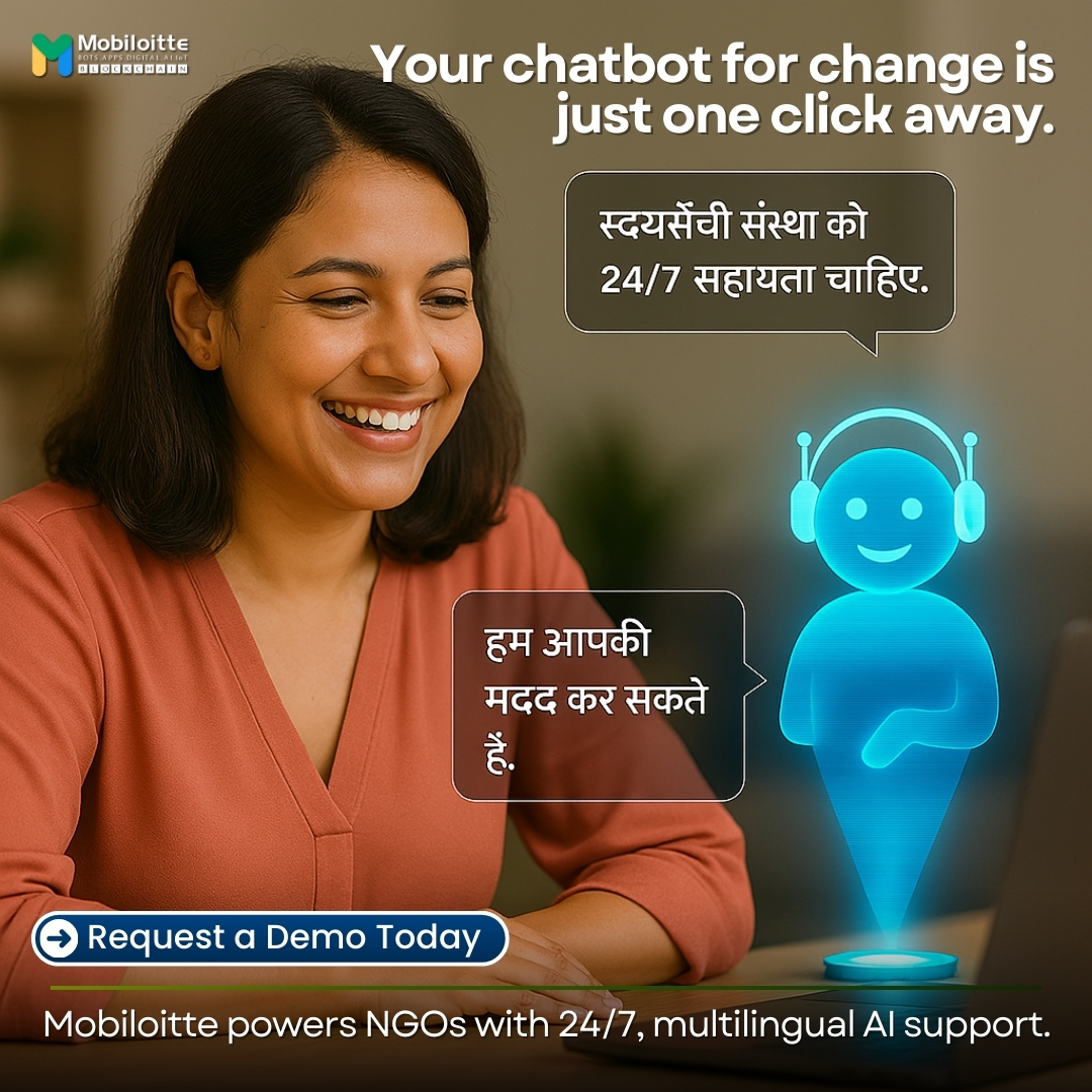 🚀 AI-powered chatbots for NGOs, donors &amp; government programs.

✅ 24/7 multilingual support 🌍
✅ Automate engagement &amp; streamline operations
✅ Maximize impact with smart AI solutions

💬 Book a free demo now! 
👉 Mobiloitte Contact

#AIForGood #NGOTech #ImpactChatbots #AI