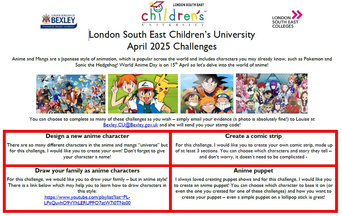 LSEChildrenUni's tweet image. Woops! Sorry, we're a bit late sharing the April challenges but you can find them below, all linked to World Anime Day!
You can also find them via drive.google.com/file/d/1f-8DX3…