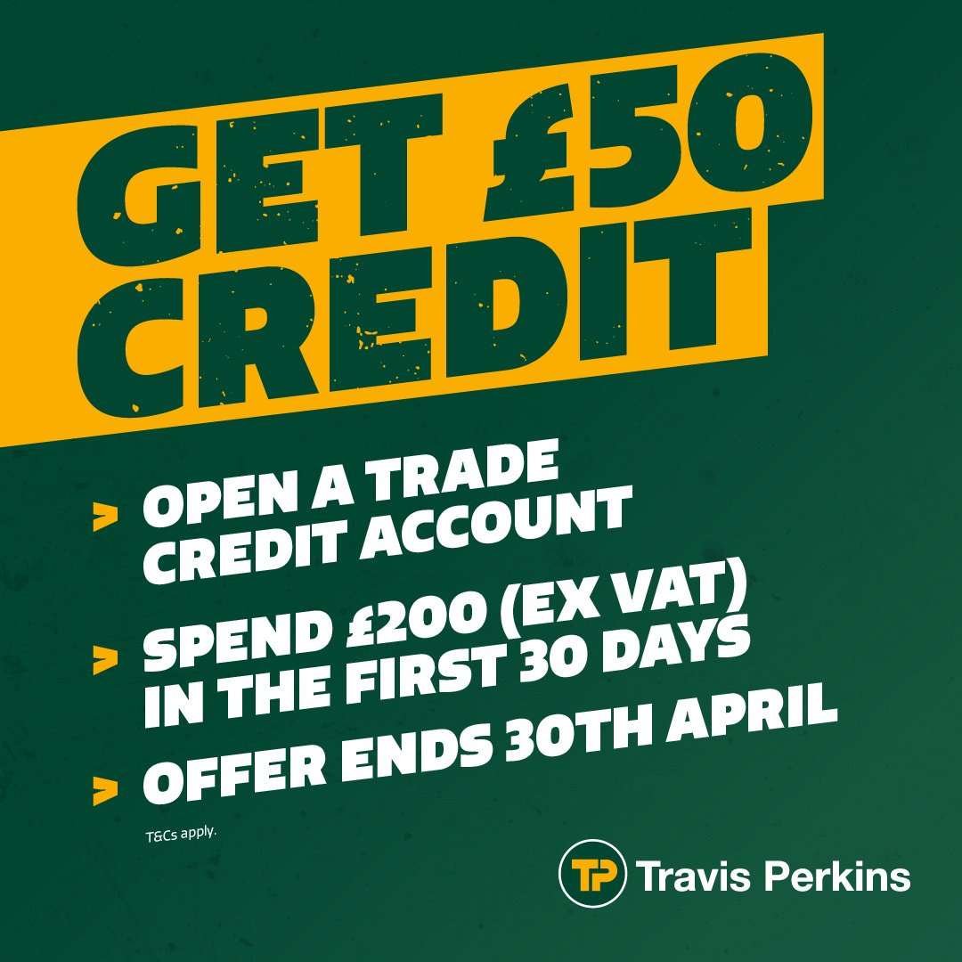 💷 £50 credit for new trade accounts! 💷

Open a Trade Credit Account with us before 30th April and get £50 credit when you spend £200+ (ex VAT) in your first 30 days.

Stock up on materials now - don’t miss out! ⏳

🔗 Apply today: bit.ly/3jfXpQN