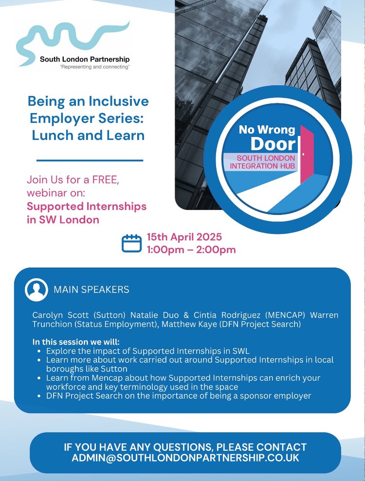 Merton Chamber (@mertonchamber) on Twitter photo Being an Inclusive Employer Series: Lunch & Learn β Supported Internships @SouthLonP Join a free 60-min session April 15, 1-2pm via Microsoft Teams. Discover how Supported Internships in SW London can diversify your workforce. For info shirley.vinda@southlondonpartnership.co.uk Being an Inclusive Employer Series: Lunch & Learn β Supported Internships @SouthLonP Join a free 60-min session April 15, 1-2pm via Microsoft Teams. Discover how Supported Internships in SW London can diversify your workforce. For info shirley.vinda@southlondonpartnership.co.uk