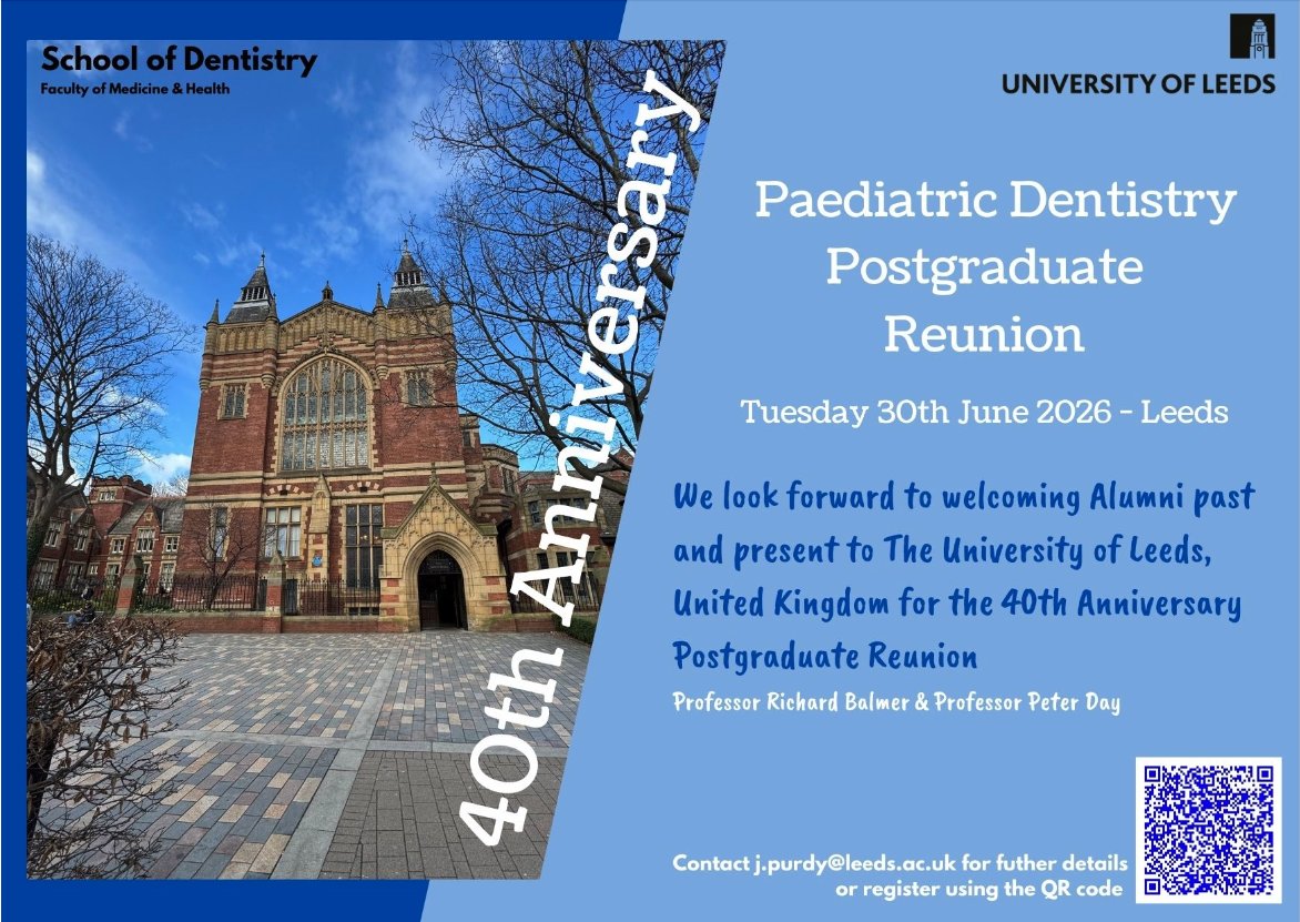 Paediatric Dentistry at Leeds (@leedspaeddent) on Twitter photo Calling all our Paediatric Dentistry Postgrad Alumni
we are thrilled to celebrate the 40th anniversary of our programme & invite you to join us in Leeds on Tuesday 30th June 2026. The reunion aligns with the EAPD 2026 conference in Liverpool later the same week.
<a href="/leedsdentistry/">Leeds Dental School</a> Calling all our Paediatric Dentistry Postgrad Alumni
we are thrilled to celebrate the 40th anniversary of our programme & invite you to join us in Leeds on Tuesday 30th June 2026. The reunion aligns with the EAPD 2026 conference in Liverpool later the same week.
<a href="/leedsdentistry/">Leeds Dental School</a>