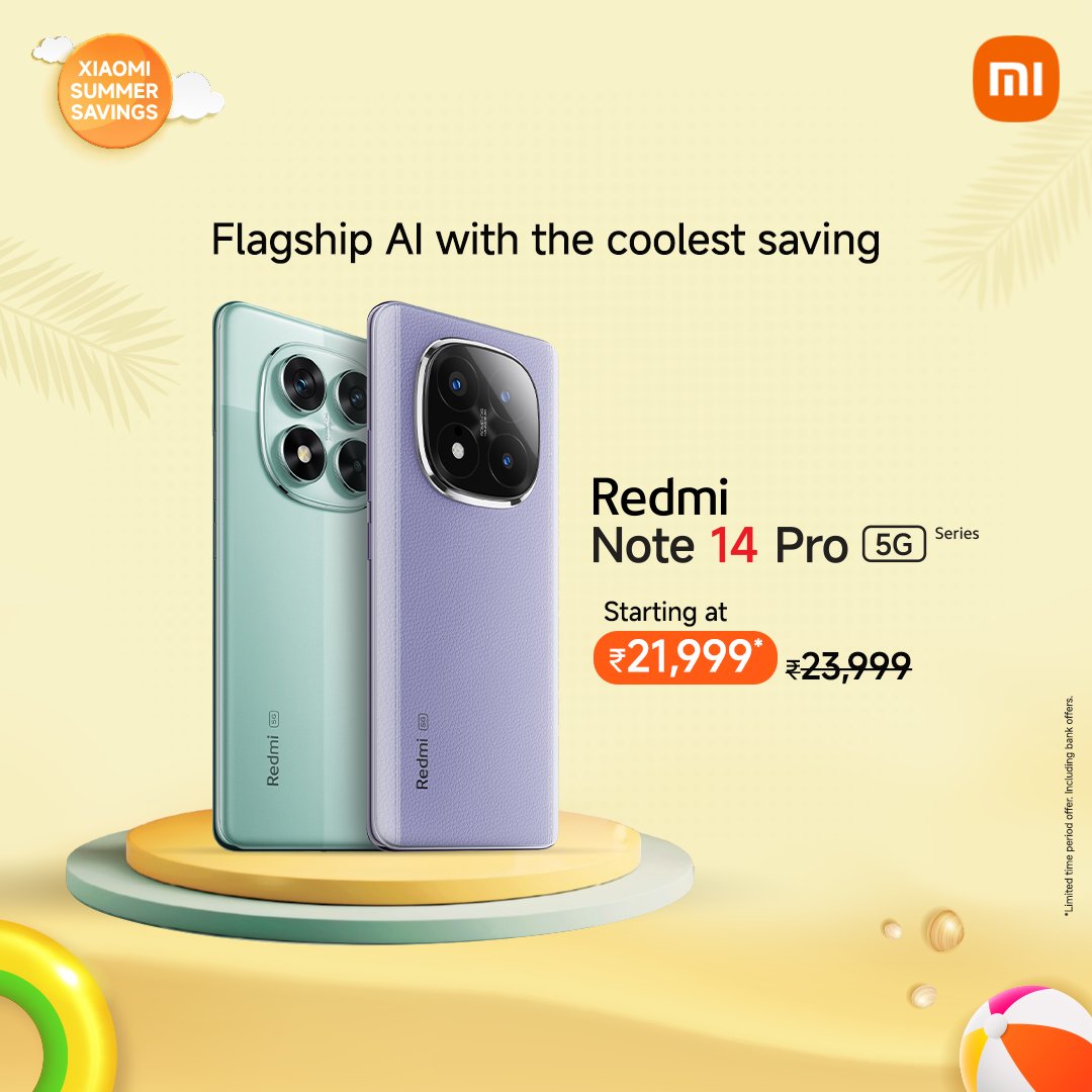 RedmiIndia's tweet image. #RedmiNote14 Pro 5G Series now at its best price ever!

Get flagship AI without the flagship price, only during #XiaomiSummerSavings.

Don’t miss out, buy now! Starting at ₹21,999*.

▶️ bit.ly/RedmiNote14Pro…
▶️ bit.ly/RedmiNote14Pro…
