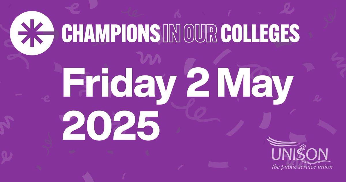 UNISON - UK's largest union (@unisontheunion) on Twitter photo 🗓️ A date for your diary – Friday 2 May
🎉 #ChampionsInOurColleges day – celebrating all college support staff
🎁 Deadline for entering our Nominate a Champion prize draw
Find out more: unsn.uk/4c7Qx3u
<a href="/UNISON_FE/">UNISON in Further Education</a> 🗓️ A date for your diary – Friday 2 May
🎉 #ChampionsInOurColleges day – celebrating all college support staff
🎁 Deadline for entering our Nominate a Champion prize draw
Find out more: unsn.uk/4c7Qx3u
<a href="/UNISON_FE/">UNISON in Further Education</a>