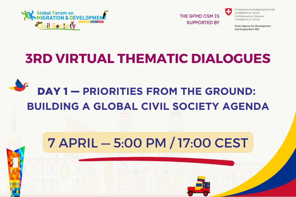 📢 Join us Monday for Day 1 of the 3rd and last CS thematic dialogues on the <a href="/GFMDprocess/">GFMD</a>

April 7: Priorities from the ground—building a global civil society agenda
🔹9 AM CET 🔗bit.ly/3rd-CS-TD-Day1…
🔸5 PM CET 🔗bit.ly/3rd-CS-TD-Day1…

🌍Interpretation in SPA, ENG &amp; FR