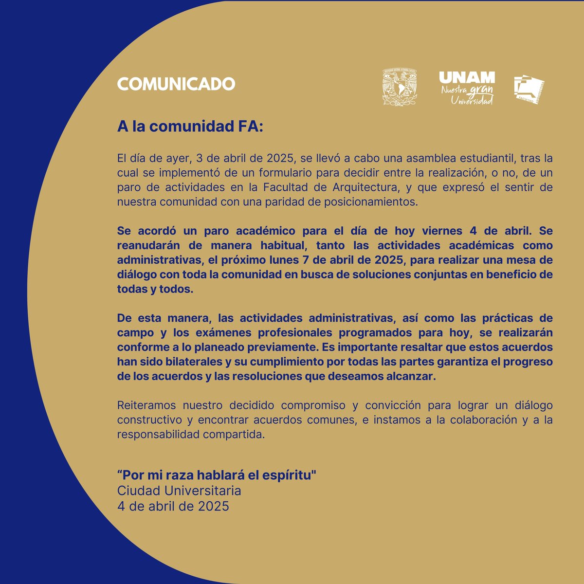 #ComunicadoFA 4 de abril de 2025. A la comunidad FA.