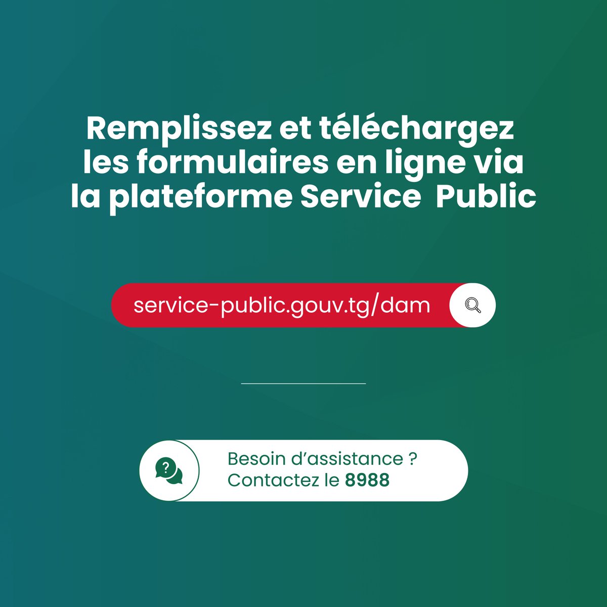 Désormais, 11 formulaires de services du Ministère de l’Economie Maritime et de la Protection Côtière sont disponibles en ligne sur le Guichet National des Services Publics Digitalisés.

🔗 Accédez aux formulaires ici : service-public.gouv.tg/dam