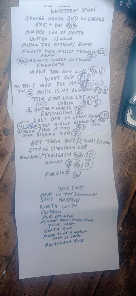 Tonight's set list for <a href="/CyprusAveCork/">Cyprus Avenue</a> with <a href="/waspsvshumans/">Wasps vs Humans</a> last minute tickets here eventbrite.ie/e/jinx-lennon-… I was told the album will be reviewed on <a href="/RTEArena/">RTE Arena</a> tonight