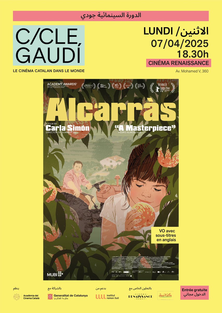 مندوبية حكومة كطالونيا في شمال أفريقيا (@catalonia_tn) on Twitter photo 🎬 Le <a href="/CicleGaudi/">Cicle Gaudí – Cinema Català</a> de cinéma catalan arrive pour la première fois en Afrique : chaque premier lundi du mois, à Rabat !
Première séance : « Alcarràs »
📍 <a href="/CineRenaissance/">Cinéma Renaissance</a>
🗓️ 7 avril
🕡 18h30
✅ Entrée gratuite
Une initiative de <a href="/academiacinecat/">Acadèmia del Cinema Català – Premis Gaudí</a> et @irllull 🎬 Le <a href="/CicleGaudi/">Cicle Gaudí – Cinema Català</a> de cinéma catalan arrive pour la première fois en Afrique : chaque premier lundi du mois, à Rabat !
Première séance : « Alcarràs »
📍 <a href="/CineRenaissance/">Cinéma Renaissance</a>
🗓️ 7 avril
🕡 18h30
✅ Entrée gratuite
Une initiative de <a href="/academiacinecat/">Acadèmia del Cinema Català – Premis Gaudí</a> et @irllull