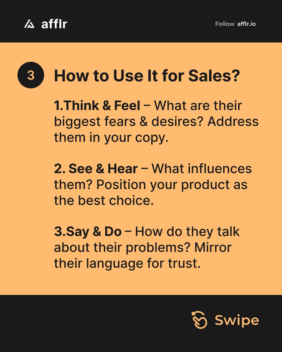 afflr_app's tweet image. Want to sell like a mind reader?

Start thinking like your customer, not about them.

Empathy Map = your secret weapon to decode what they see, say, feel &amp;amp; fear.

Stop guessing. Start connecting.

Map it out, sell it better.

#marketingtips #shopify #empathymap #ecommercetips…