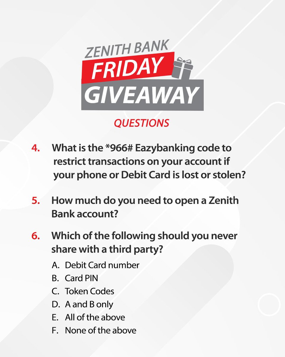 And the Zenith Bank Friday Giveaway is live!

Qualifying conditions are:

-You must have an Eazy by Zenith Digital Wallet Account
-You must follow us on Instagram
-You must like, share, and repost the Friday Giveaway Questions using all the hashtags in this post
-You must tag at
