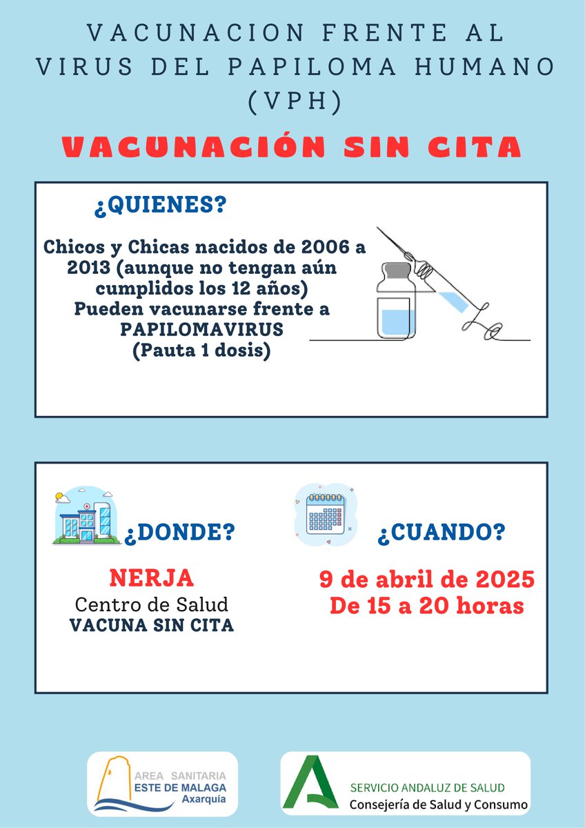 saludaxarquia's tweet photo. En esta semana Centro Salud Nerja y Frigiliana, vuelven a poner a disposición el punto de vacunación sin cita, mañana lunes 7 y miércoles 9 Abril,para la vacunación frente al Virus Papiloma Humano en jóvenes nacidos/as de 2006 a 2013.
@andavac_
@Ayto_Nerja 
@AytoFrigiliana 
➕👉 https://t.co/vyEVpVwBrT