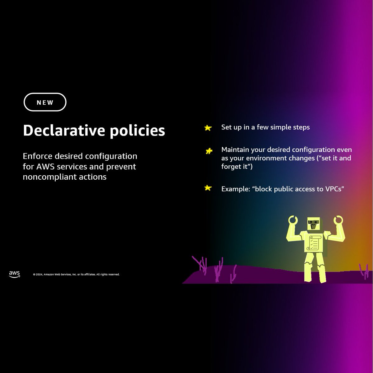 Use declarative policies in AWS Organizations to maintain the compliance of evolving services. Read this blog post &amp; try it now! #AWSOrganizations go.aws/42cbiX9