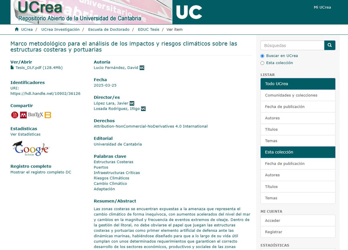 BUCantabria's tweet image. 👨‍🎓 Nueva tesis: «Marco metodológico para el análisis de los impactos y riesgos climáticos sobre las estructuras costeras y portuarias», de David Lucio Fernández, @IHCantabria.  
📷 hdl.handle.net/10902/36126 
#Climate_Change #Coastal_Structures #Risk_Analysis
#NuevasTesisUC