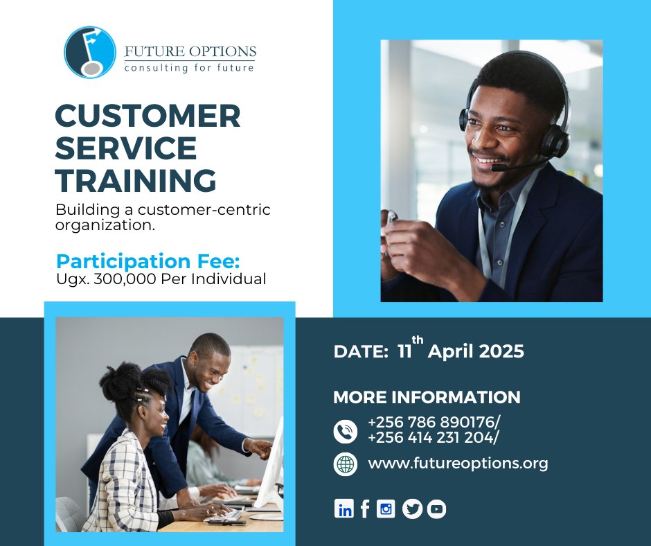 🚀 Boost Your Customer Service Skills!

⏳Last few spots left! Join our training on Apr 11, 2025.  

✅ Learn customer-centric strategies  
✅ Earn a certificate  
💰 UGX 300,000

📞 Call: 0786890176  
🔗 Register: lnkd.in/dj2b889T

#CustomerService #Training