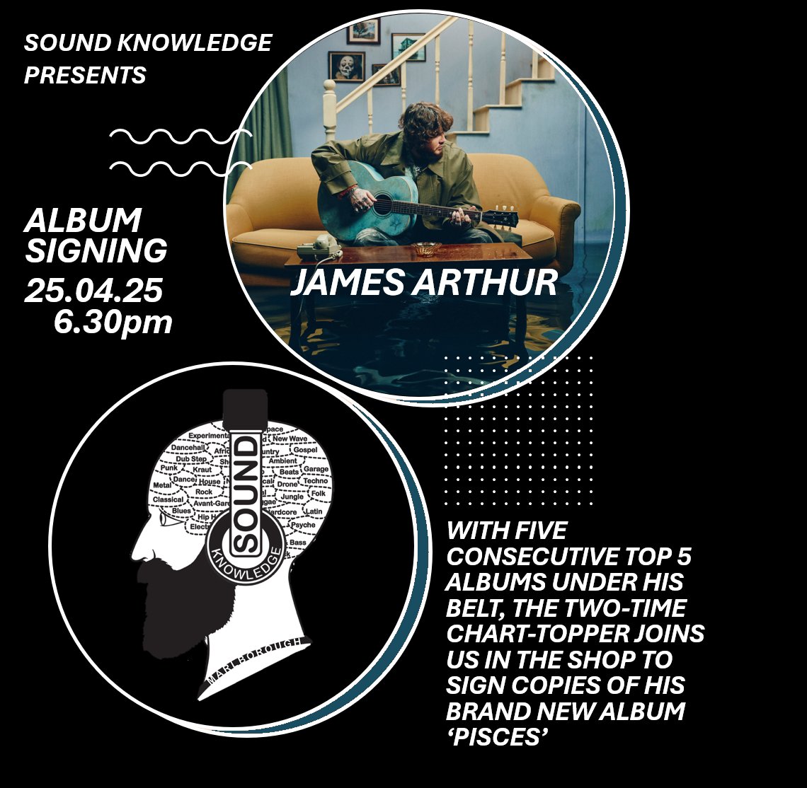 SoundKnowledge_'s tweet image. If you'd like to meet @JamesArthur23 and get a copy of his new album 'Pisces' signed, you can now pre-order via the website.
sound-knowledge.co.uk/products/james…?