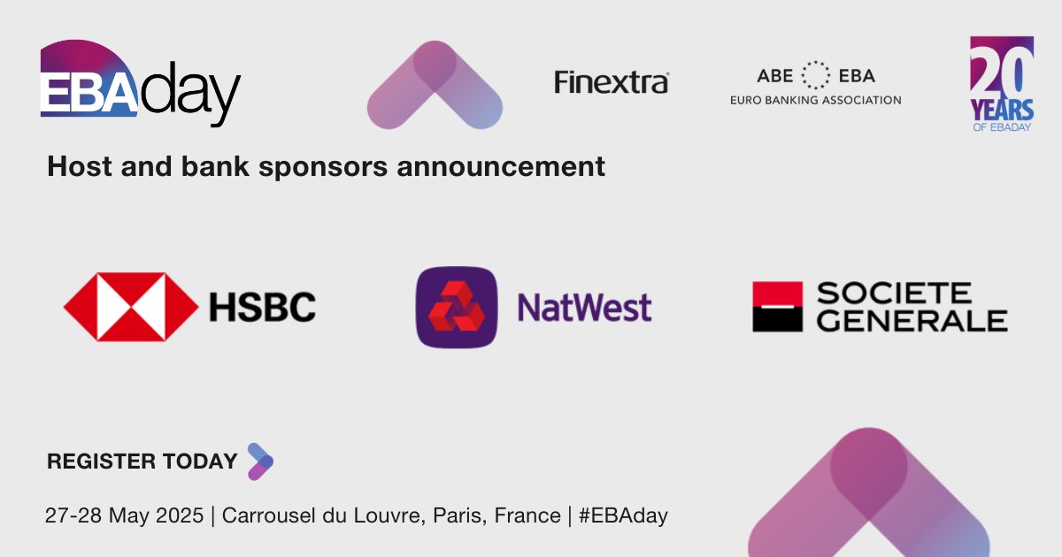 EBAday (@ebaday) on Twitter photo Our next 3 host and bank sponsors announced!
<a href="/HSBC/">HSBC</a>, <a href="/NatWestGroup/">NatWest Group</a> , and <a href="/SocieteGenerale/">Societe Generale Group</a>.
Join us in Paris to have the chance to connect with 1400+ executives and be part of the conversation.
Find out more & register here > ebaday.com/register
#EBAday #EBAday2025 Our next 3 host and bank sponsors announced!
<a href="/HSBC/">HSBC</a>, <a href="/NatWestGroup/">NatWest Group</a> , and <a href="/SocieteGenerale/">Societe Generale Group</a>.
Join us in Paris to have the chance to connect with 1400+ executives and be part of the conversation.
Find out more & register here > ebaday.com/register
#EBAday #EBAday2025