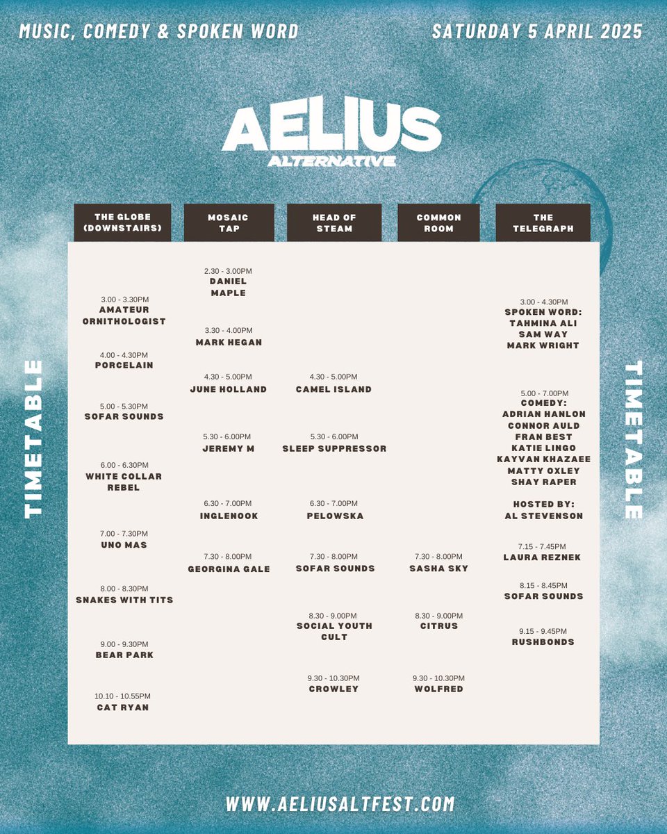 Aelius Alternative Festival (@aeliusaltfest) on Twitter photo UPDATED TIMETABLE β€οΈβπ₯
We've made some changes, so here's an updated timetable, please stick with the timings on here until we share otherwise... Shall we just stick with this?!
Tickets: fatsoma.com/e/w8lkztiv/aelβ¦ UPDATED TIMETABLE β€οΈβπ₯
We've made some changes, so here's an updated timetable, please stick with the timings on here until we share otherwise... Shall we just stick with this?!
Tickets: fatsoma.com/e/w8lkztiv/aelβ¦