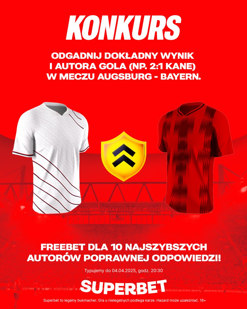 #KONKURS!  Wytypuj w odpowiedziach dokładny wynik oraz autora gola ⚽️ w meczu Augsburg - Bayern i zgarnij freebet! #FCAFCB
-- 
✅ Zaobserwuj <a href="/SuperbetPL/">Superbet</a> 
❤️ Polub wpis i 🔄 podaj go dalej 
👤 Dodaj nick z Superbet 
🎁 Nagroda = FREEBET 50 PLN 

#Bundesliga #bukmacherzy