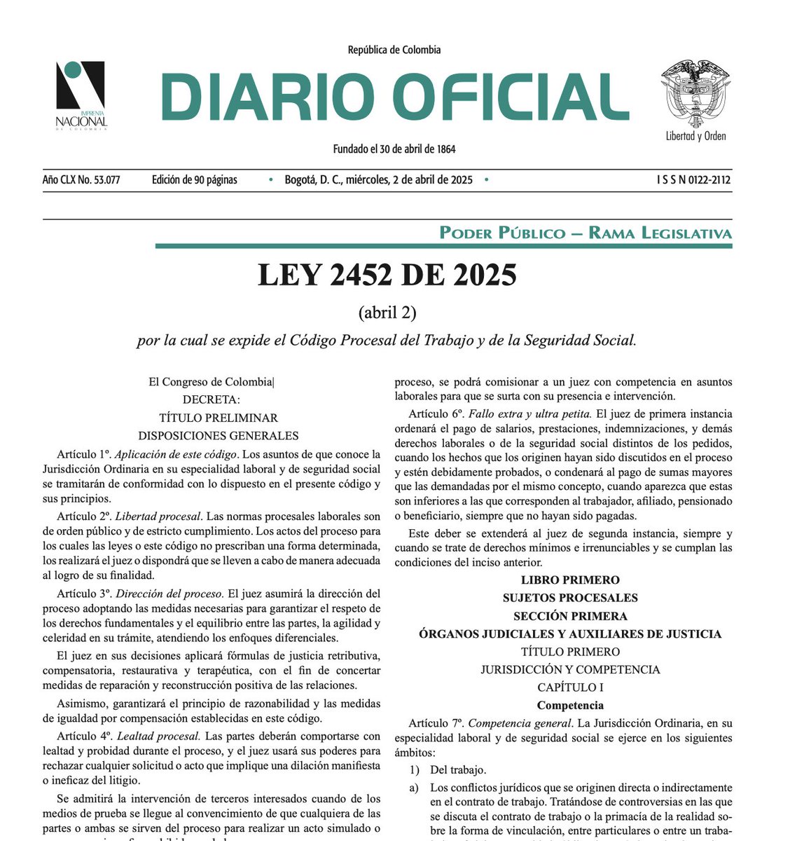 1/15
Fue sancionado y publicado el nuevo Código Procesal del Trabajo.
Durante su trámite, brindé acompañamiento técnico a las Centrales Obreras <a href="/cutcolombia/">Central Unitaria de Trabajadores</a> <a href="/CGTCol/">CGT Oficial Colombia</a> <a href="/ctccolombia/">Confederación de Trabajadores de Colombia CTC</a>  y a la Plataforma Laboral en su labor de incidencia política.
Comparto algunos logros relevantes🧵