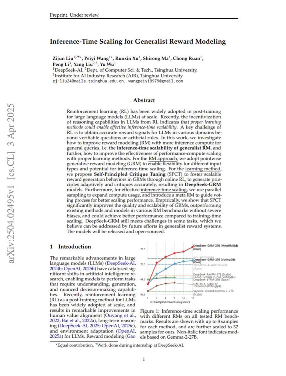 Inference-Time Scaling for Generalist Reward Modeling

New paper from DeepSeek!

"We propose a novel approach, Self-Principled Critique Tuning (SPCT), to foster
effective inference-time scalability for generalist reward modeling, resulting in
DeepSeek-GRM models. And we further