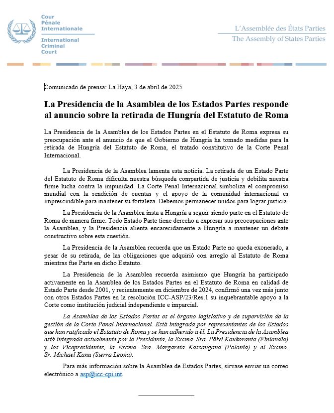 Declaración de la Presidencia de la Asamblea de los Estados Partes sobre el anuncio de la retirada de Hungría del #EstatutoDeRoma #CPI #AEP