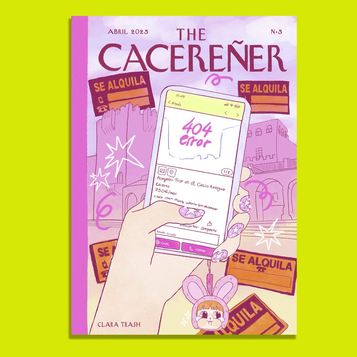 THE CACEREÑER 5 #ClaraTrash Portada refleja la crisis de vivienda en Cáceres un móvil busca alquiler en el Casco Antiguo, pero solo muestra error. Rodeado de carteles de “Se Alquila” centro histórico inaccesible. Arte y crítica social en una imagen. #thecacereñer5 #Cáceres