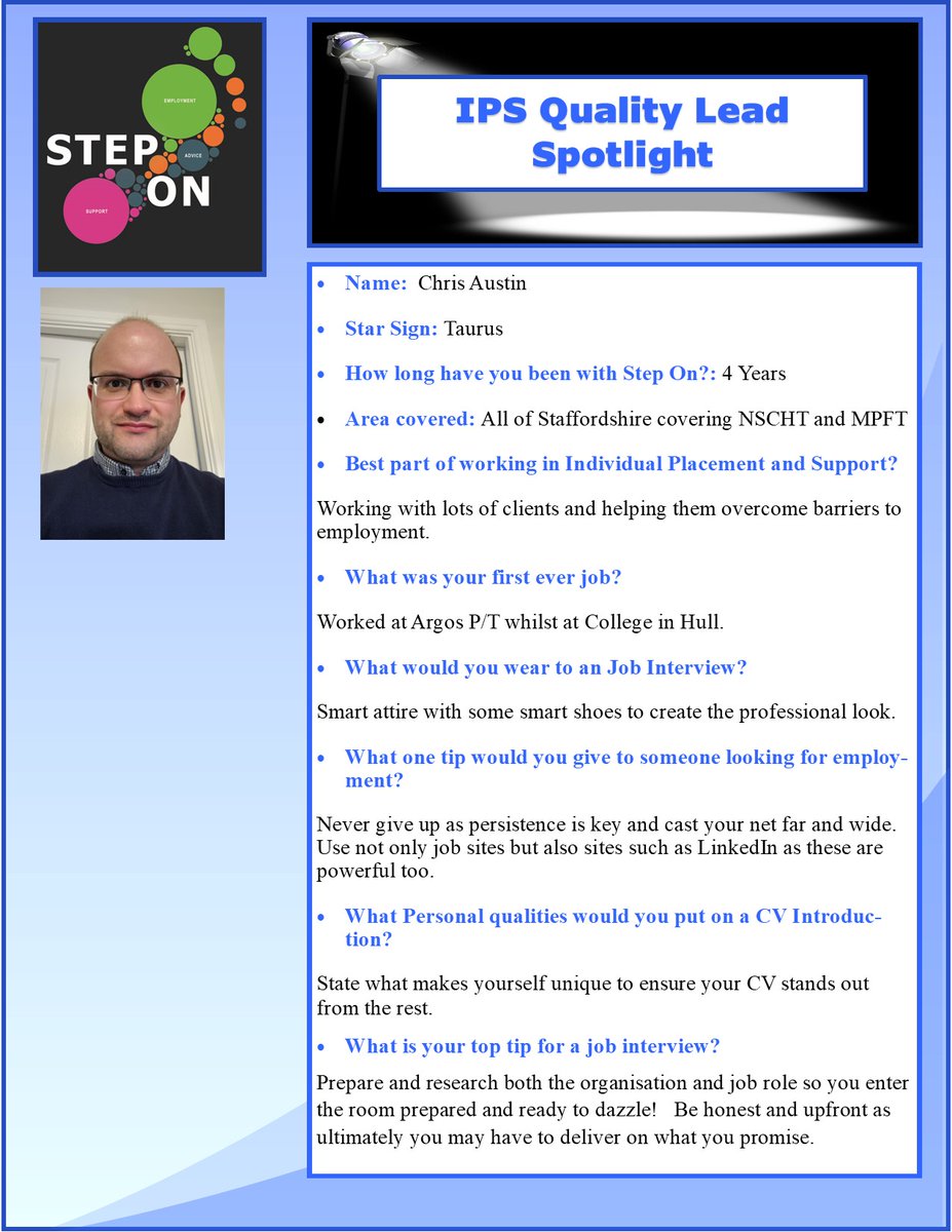 Meet our team!     
Once a month we will be posting info and tips from a member of the team ⭐️   
This month IPS Quality Lead Chris Austin has given some great feedback on top tips for employment 💚

<a href="/IPSGrow/">IPS Grow</a> 
<a href="/mpftnhs/">Midlands Partnership University NHS FT</a> 
<a href="/CombinedNHS/">CombinedNHS</a>