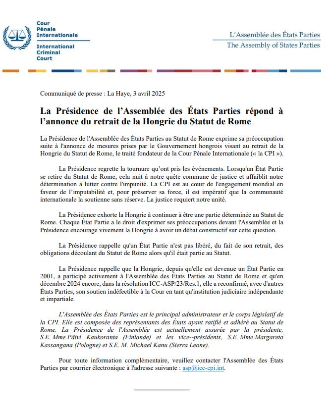 Déclaration de la Présidence de l’Assemblée des États Parties concernant l’annonce du retrait de la Hongrie du #StatutDeRome #CPI #AEP